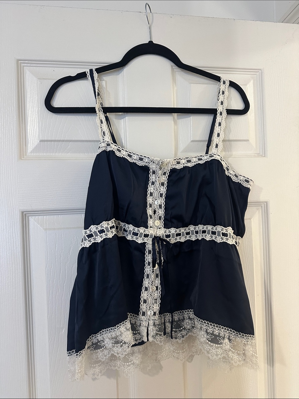 Navy Lace-Trim top with Ivory Crochet Accents